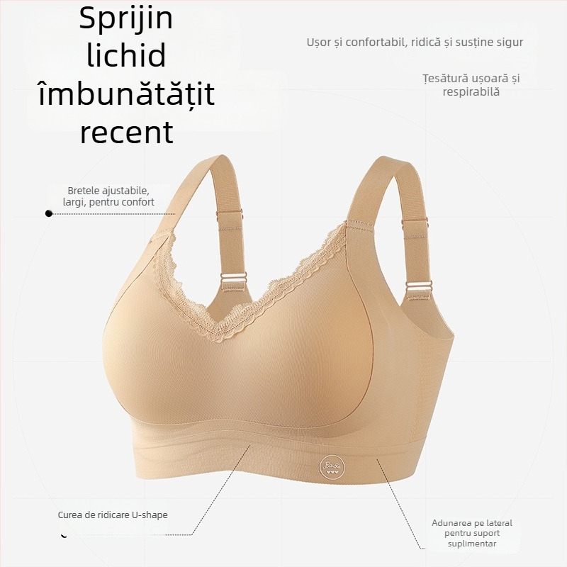 Sutien fără fir, cu susținere moale, decolteu în V, dantelă, cupe 3/4 din spumă modelată, fără arici