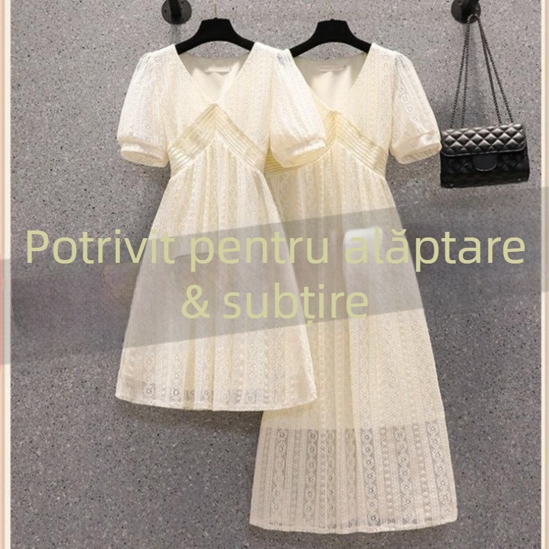 rochie de alăptat de vară - lungime medie, mâneci scurte, guler înalt, stil coreean street-hipster, 90–95% bumbac