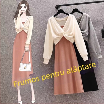 Set de alăptare din două piese: rochie cu bretele în stil hanorac, pentru primăvară-toamnă, mâneci trei sferturi, guler polo.