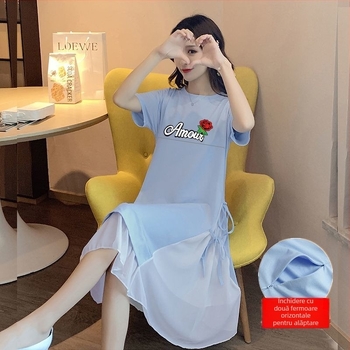 Rochie de alăptat de vară, mâneci 3/4, guler polo, material PVC, stil vintage artistic cu influențe chinezești