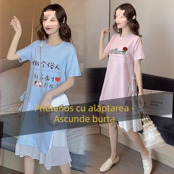 Rochie de alăptat de vară, mâneci 3/4, guler polo, material PVC, stil vintage artistic cu influențe chinezești