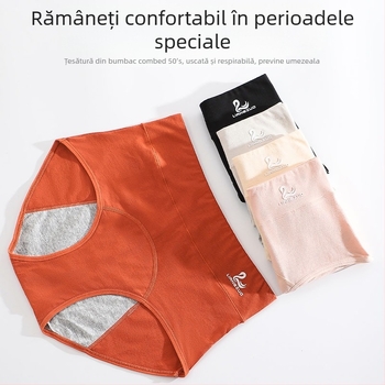 Lenjerie intimă menstruală din bumbac cu talie medie-înaltă, 95% bumbac în țesătură principală, 100% bumbac în căptușeală, model solid