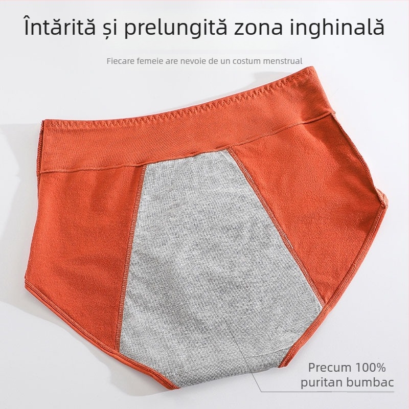 Lenjerie intimă menstruală din bumbac cu talie medie-înaltă, 95% bumbac în țesătură principală, 100% bumbac în căptușeală, model solid