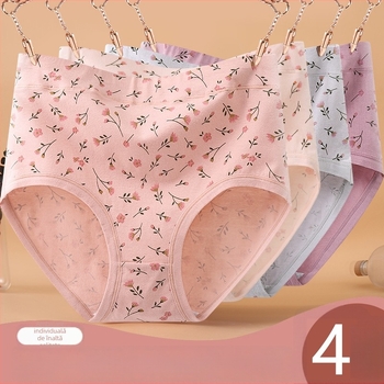 Chiloți femei din bumbac, confortabili și respirabili, talie înaltă, model floral, 95–100% bumbac