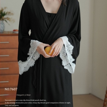 Rochie de noapte cu dantelă franțuzească din viscose, mâneci lungi, țesătură subțire 121–140 g/m², decolteu în V, respirabilă, pentru somn, acasă și ieșiri, toate anotimpurile