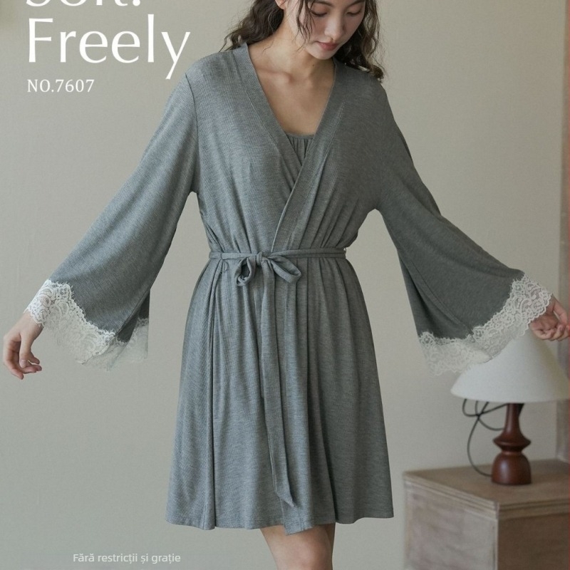 Rochie de noapte cu dantelă franțuzească din viscose, mâneci lungi, țesătură subțire 121–140 g/m², decolteu în V, respirabilă, pentru somn, acasă și ieșiri, toate anotimpurile