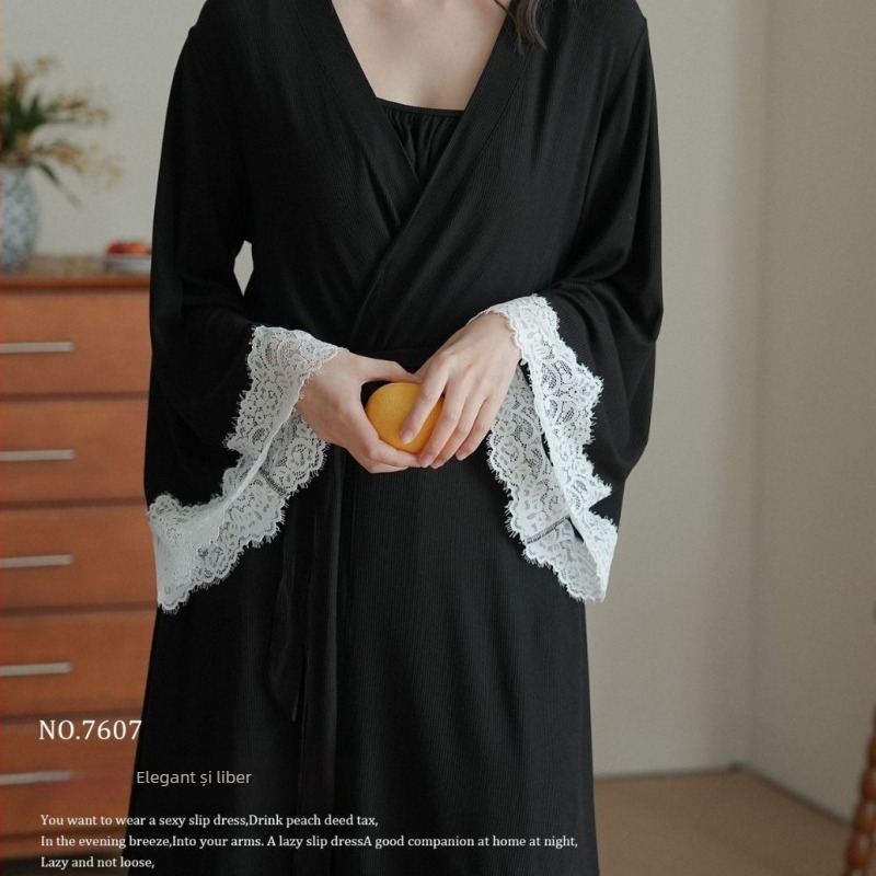 Rochie de noapte cu dantelă franțuzească din viscose, mâneci lungi, țesătură subțire 121–140 g/m², decolteu în V, respirabilă, pentru somn, acasă și ieșiri, toate anotimpurile