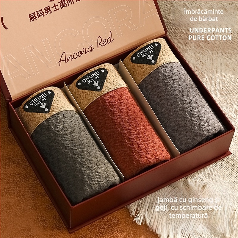 Boxer bărbați din bumbac pur – respirante, tricotate, talie medie, țesătură principală din bumbac, căptușeală în zona inghinală din viscoză