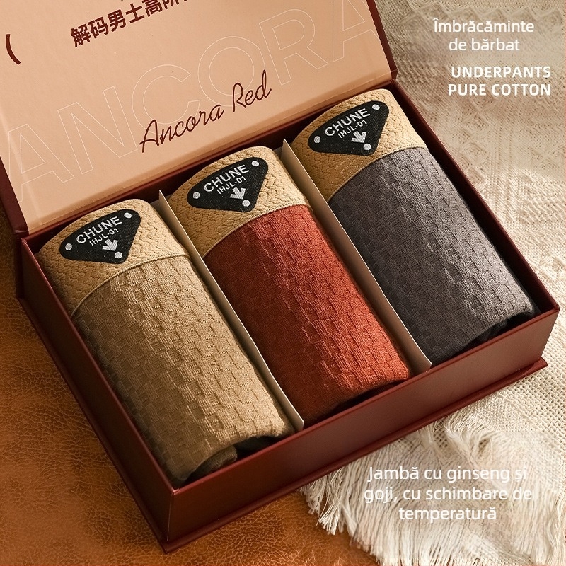 Boxer bărbați din bumbac pur – respirante, tricotate, talie medie, țesătură principală din bumbac, căptușeală în zona inghinală din viscoză