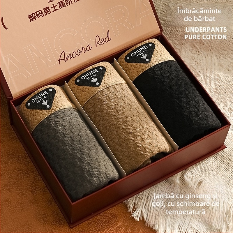 Boxer bărbați din bumbac pur – respirante, tricotate, talie medie, țesătură principală din bumbac, căptușeală în zona inghinală din viscoză