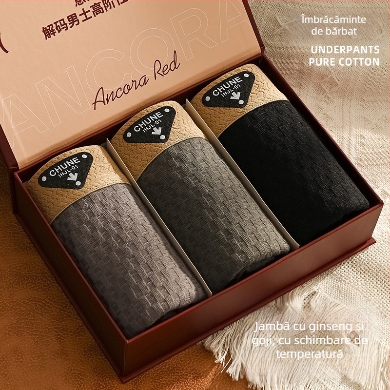 Boxer bărbați din bumbac pur – respirante, tricotate, talie medie, țesătură principală din bumbac, căptușeală în zona inghinală din viscoză