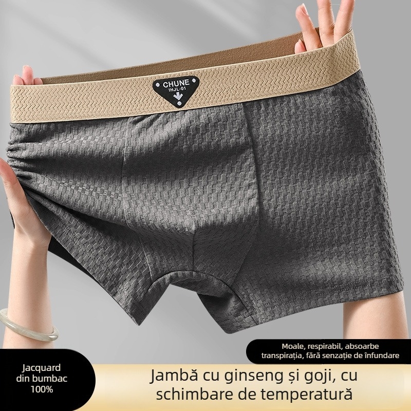 Boxer bărbați din bumbac pur – respirante, tricotate, talie medie, țesătură principală din bumbac, căptușeală în zona inghinală din viscoză