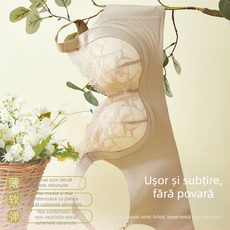  Sutien fără cusături cu push-up, susținere laterală, cupă 3/4 cu formă subțire, dantelă din nailon, închidere la spate cu patru rânduri de carlige