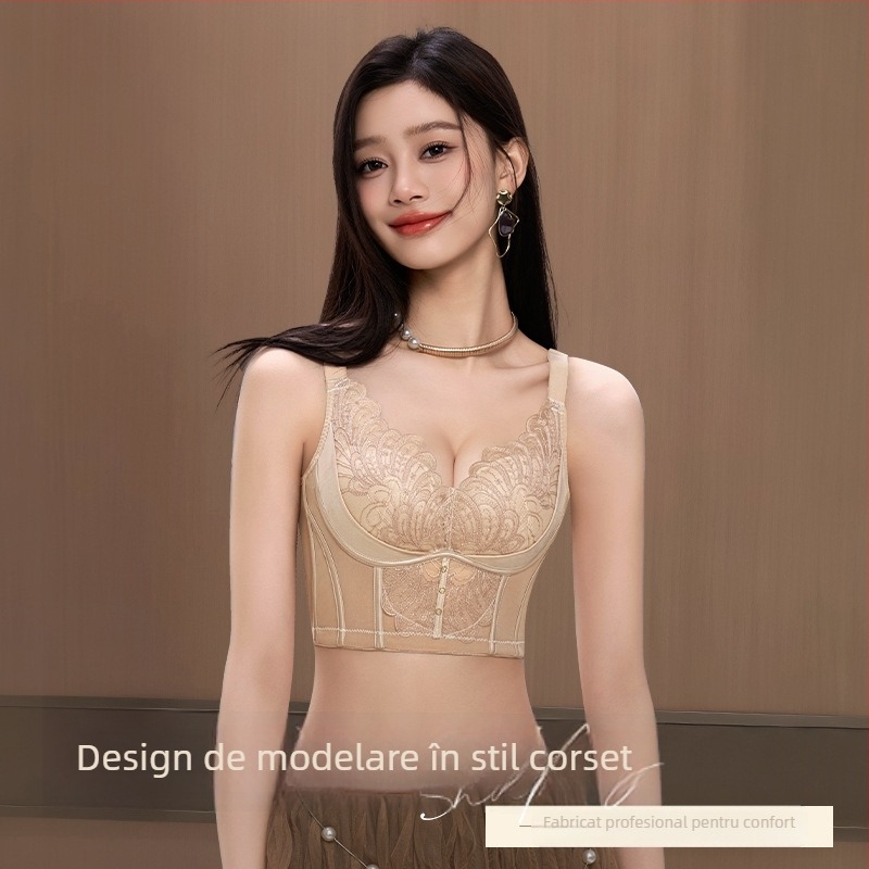 Bustier modelator pentru susținere laterală, cupa 3/4, cupe cu formă medie, dantelă din nylon, închidere cu cinci rânduri la spate, bretele fixe