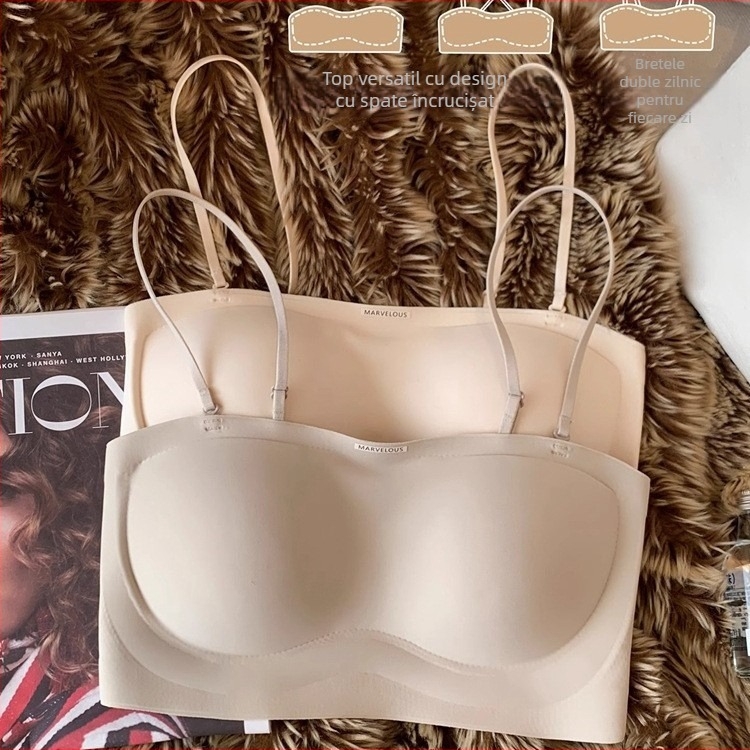 Sutien din bumbac, cupă 3/4, fără bretele, închidere la spate cu patru rânduri de carlige, cupă modelată cu partea superioară subțire și partea inferioară mai lată