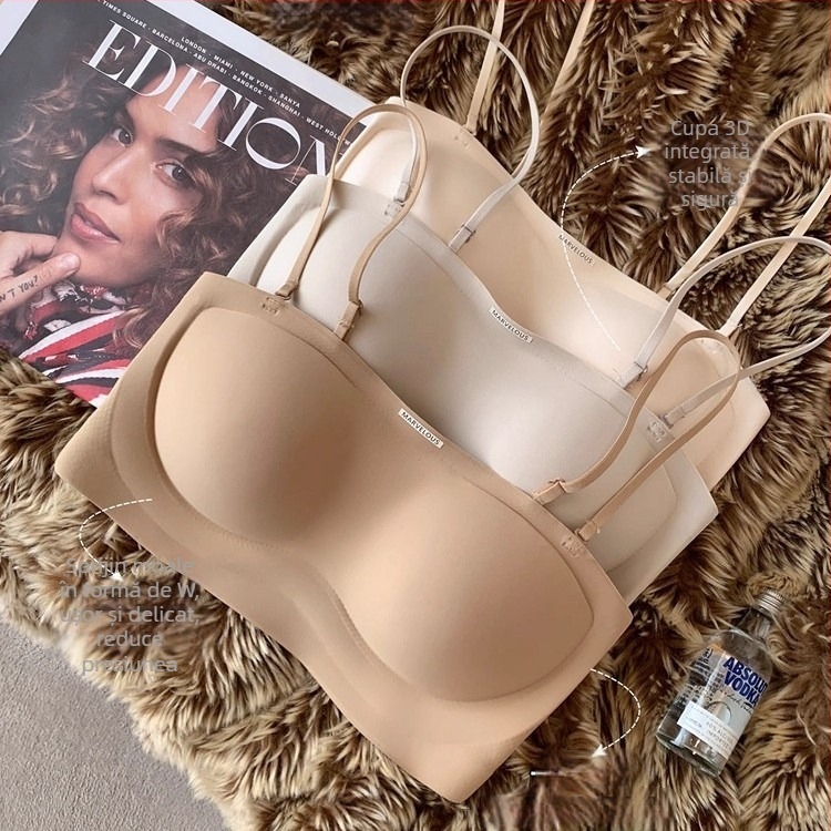 Sutien din bumbac, cupă 3/4, fără bretele, închidere la spate cu patru rânduri de carlige, cupă modelată cu partea superioară subțire și partea inferioară mai lată