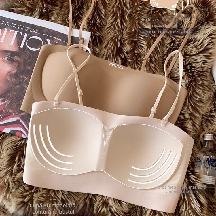 Sutien din bumbac, cupă 3/4, fără bretele, închidere la spate cu patru rânduri de carlige, cupă modelată cu partea superioară subțire și partea inferioară mai lată