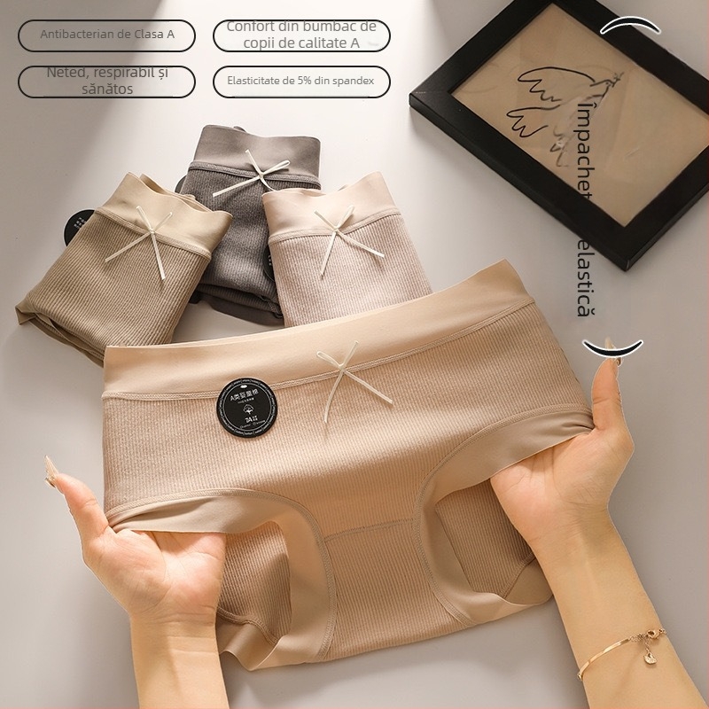 Chiloți femei din bumbac, 60-count bumbac combed, respirabili, căptușeală din bumbac, talie medie, culoare solidă cu funda
