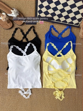 Top din dantelă cu șnur, guler halter, croială slim, bumbac-elastan