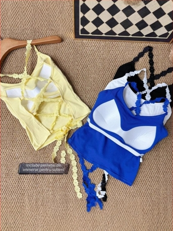 Top din dantelă cu șnur, guler halter, croială slim, bumbac-elastan