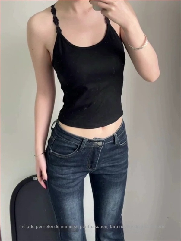 Top din dantelă cu șnur, guler halter, croială slim, bumbac-elastan