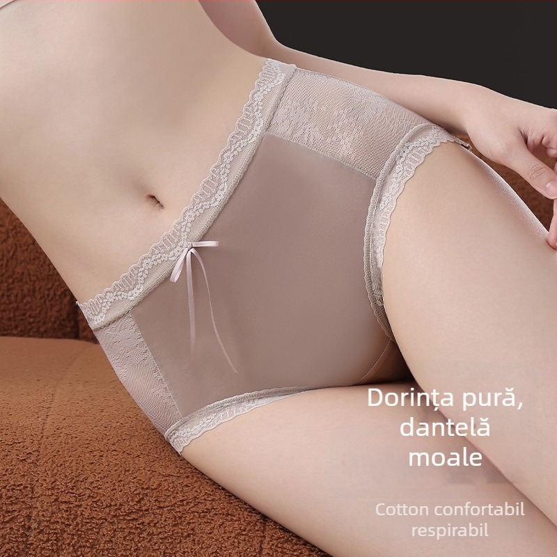 Chiloți femei cu talie înaltă și dantelă, nylon, căptușeală din bumbac, respirabili