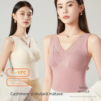 Vesta termică pentru femei din Lyocell, cu perne pentru sân, țesătură dublu-strat, decolteu în V, stil pulover