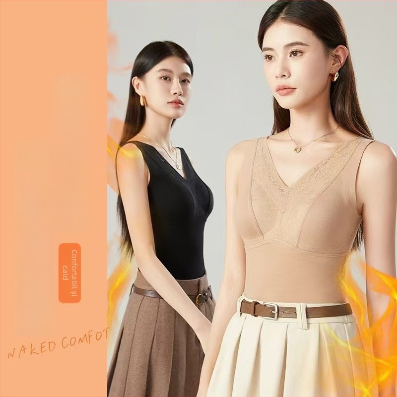 Vesta termică pentru femei din Lyocell, cu perne pentru sân, țesătură dublu-strat, decolteu în V, stil pulover