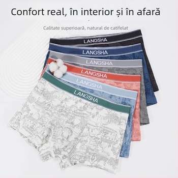 Boxer bărbătești din bumbac respirabil, talie medie, tricotat; țesătură principală: 95–100% bumbac; zona inghinală: viscoză 92%, mătase de dud 4%, spandex 4%