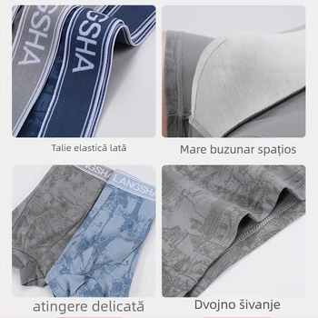 Boxer bărbătești din bumbac respirabil, talie medie, tricotat; țesătură principală: 95–100% bumbac; zona inghinală: viscoză 92%, mătase de dud 4%, spandex 4%