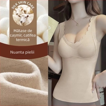 Vesta termică feminină din nailon, fără cusături, cu pernă pentru sân, decolteu în V, margine din catifea