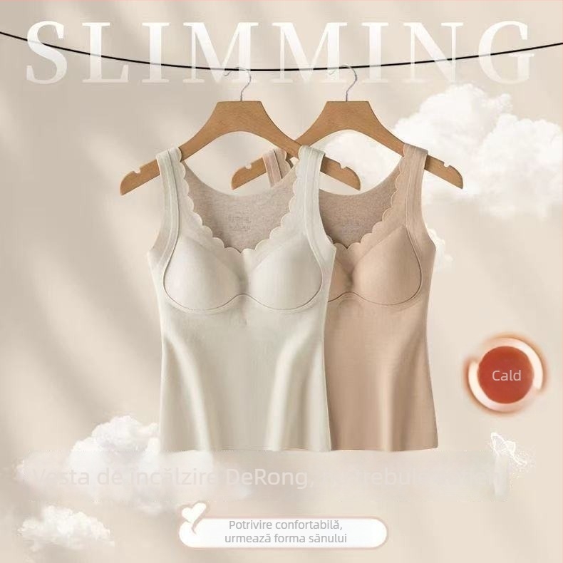 Vesta termică feminină din nailon, fără cusături, cu pernă pentru sân, decolteu în V, margine din catifea