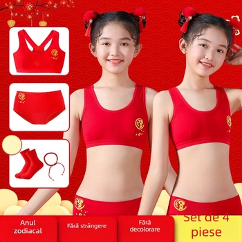 Set sutien și top pentru fete din bumbac, stil desen animat, pentru 7–12 ani, 90-95% bumbac, bretele tip Y, fără cupă