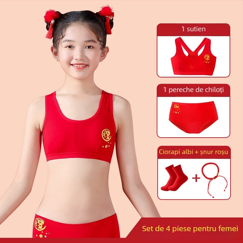 Set sutien și top pentru fete din bumbac, stil desen animat, pentru 7–12 ani, 90-95% bumbac, bretele tip Y, fără cupă