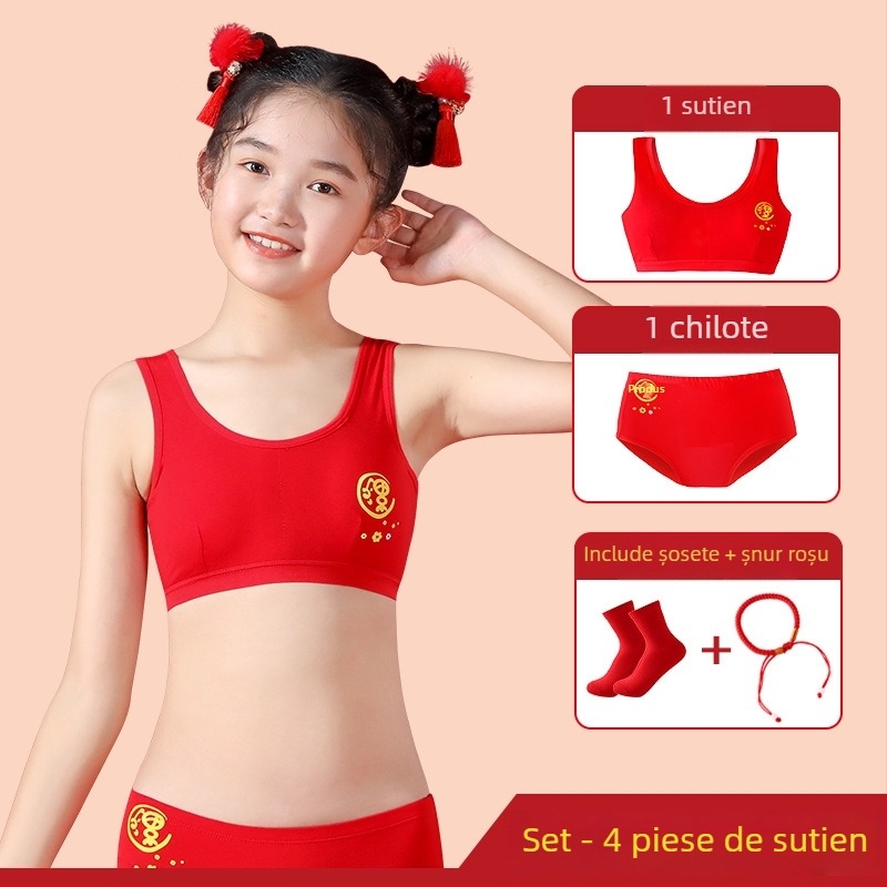 Set sutien și top pentru fete din bumbac, stil desen animat, pentru 7–12 ani, 90-95% bumbac, bretele tip Y, fără cupă