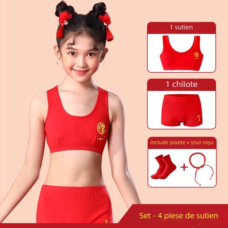 Set sutien și top pentru fete din bumbac, stil desen animat, pentru 7–12 ani, 90-95% bumbac, bretele tip Y, fără cupă