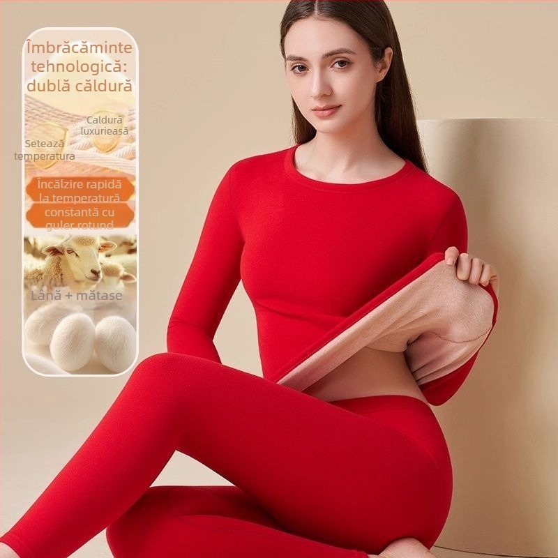 Set termic unisex cu căptușeală de catifea, strat dublu bază - top și pantaloni, guler rotund, mâneci lungi, țesătură poliesterică, an zodiacal, menține căldura