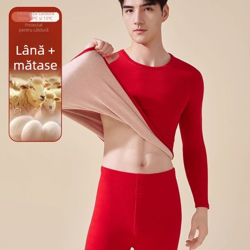 Set termic unisex cu căptușeală de catifea, strat dublu bază - top și pantaloni, guler rotund, mâneci lungi, țesătură poliesterică, an zodiacal, menține căldura