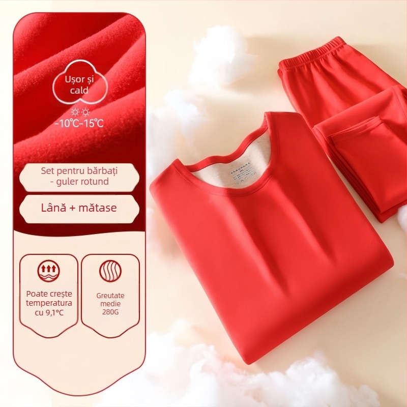 Set termic unisex cu căptușeală de catifea, strat dublu bază - top și pantaloni, guler rotund, mâneci lungi, țesătură poliesterică, an zodiacal, menține căldura