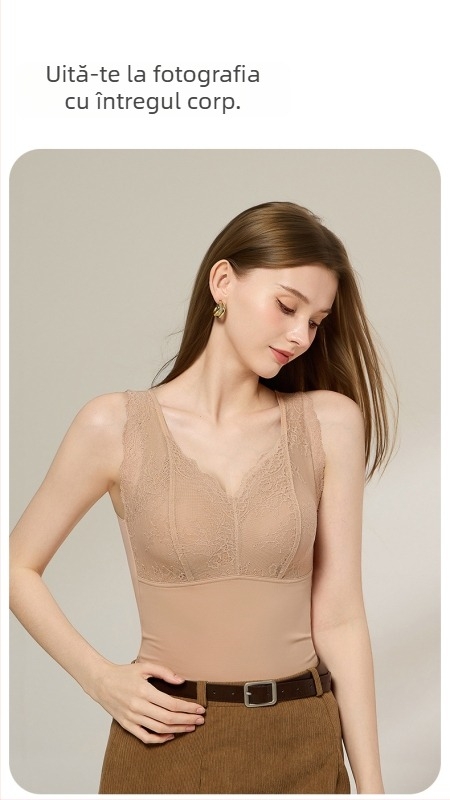 Vesta termică de toamnă-iarnă din dantelă cu Aloe Vera, cu pernă pentru sân, decolteu în V, construcție cu un singur strat, căptușeală velur, protecție pentru spate, antibacterian, păstrează căldura