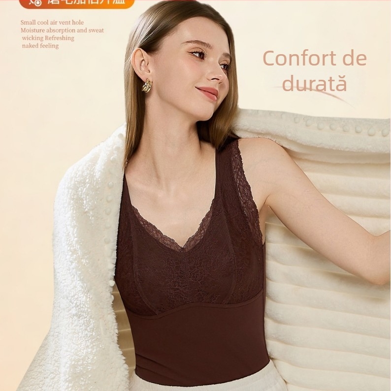 Vesta termică de toamnă-iarnă din dantelă cu Aloe Vera, cu pernă pentru sân, decolteu în V, construcție cu un singur strat, căptușeală velur, protecție pentru spate, antibacterian, păstrează căldura