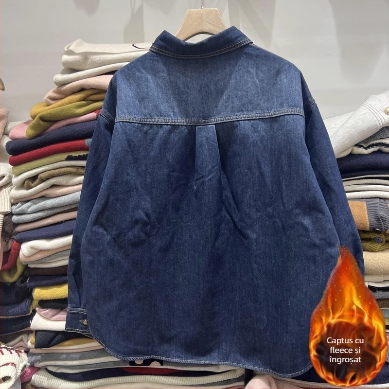 Cămașă denim cu bloc de culoare, 70–80% bumbac, guler polo, mâneci lungi, croială lejeră