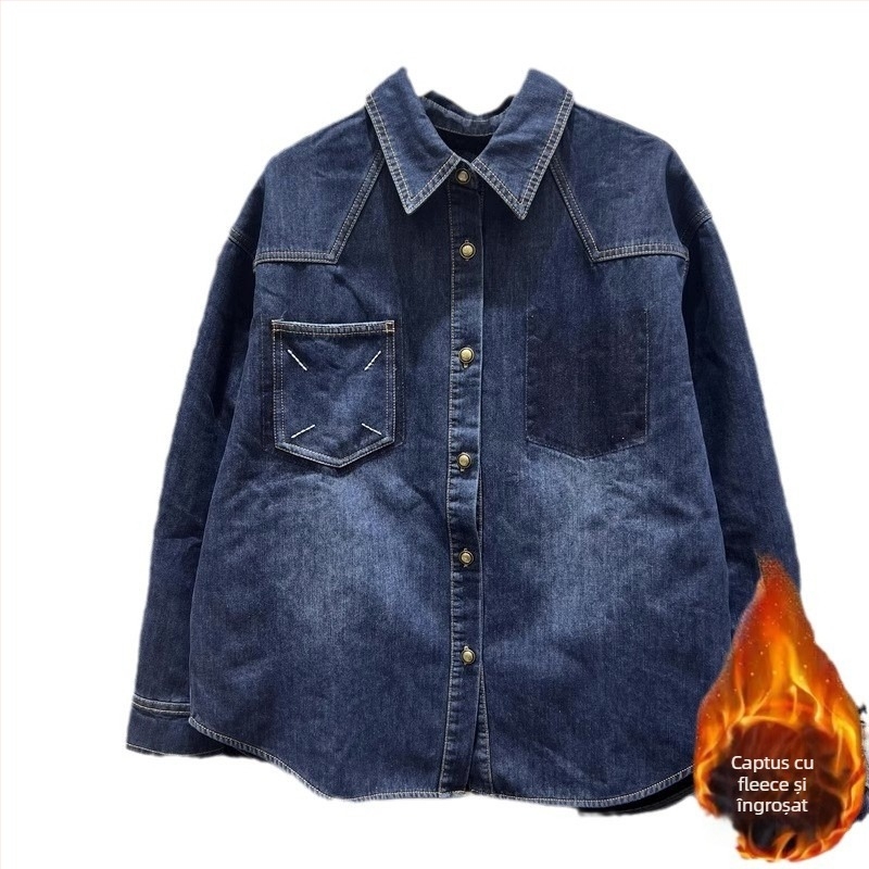 Cămașă denim cu bloc de culoare, 70–80% bumbac, guler polo, mâneci lungi, croială lejeră