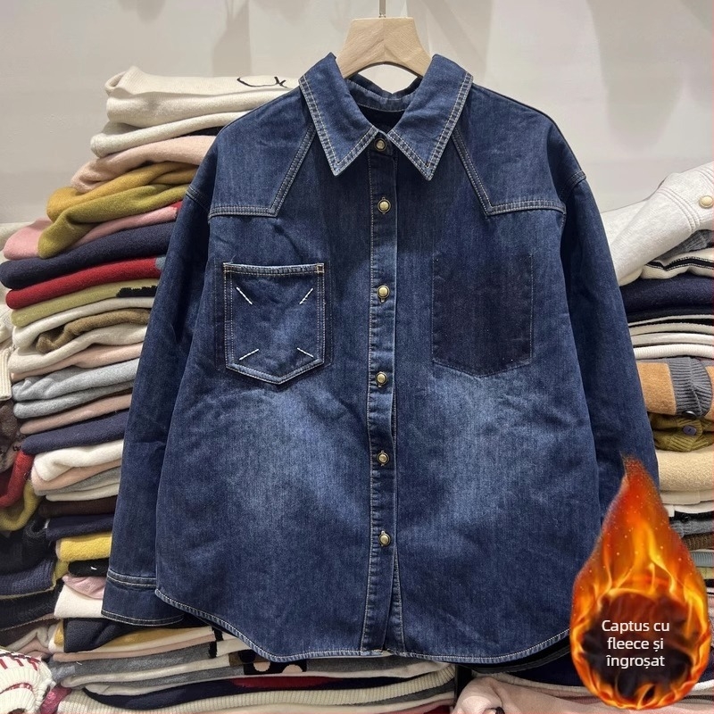Cămașă denim cu bloc de culoare, 70–80% bumbac, guler polo, mâneci lungi, croială lejeră