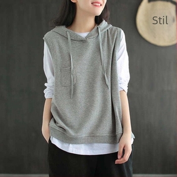 Vestă din bumbac cu glugă pentru femei, croială lejeră, fără mâneci, stil pulover, amestec bumbac-elastan