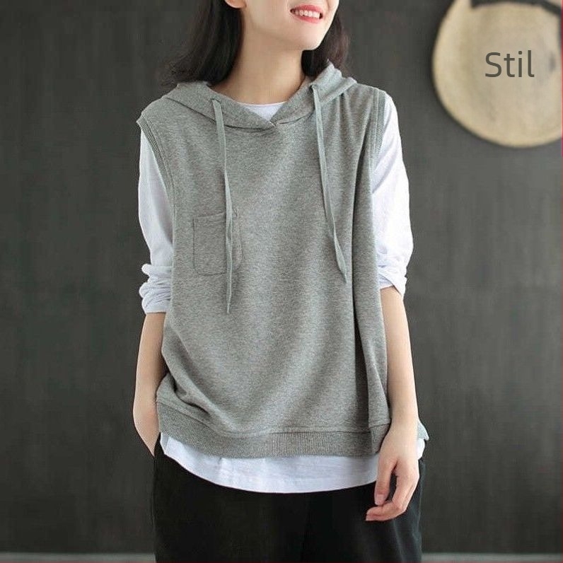 Vestă din bumbac cu glugă pentru femei, croială lejeră, fără mâneci, stil pulover, amestec bumbac-elastan