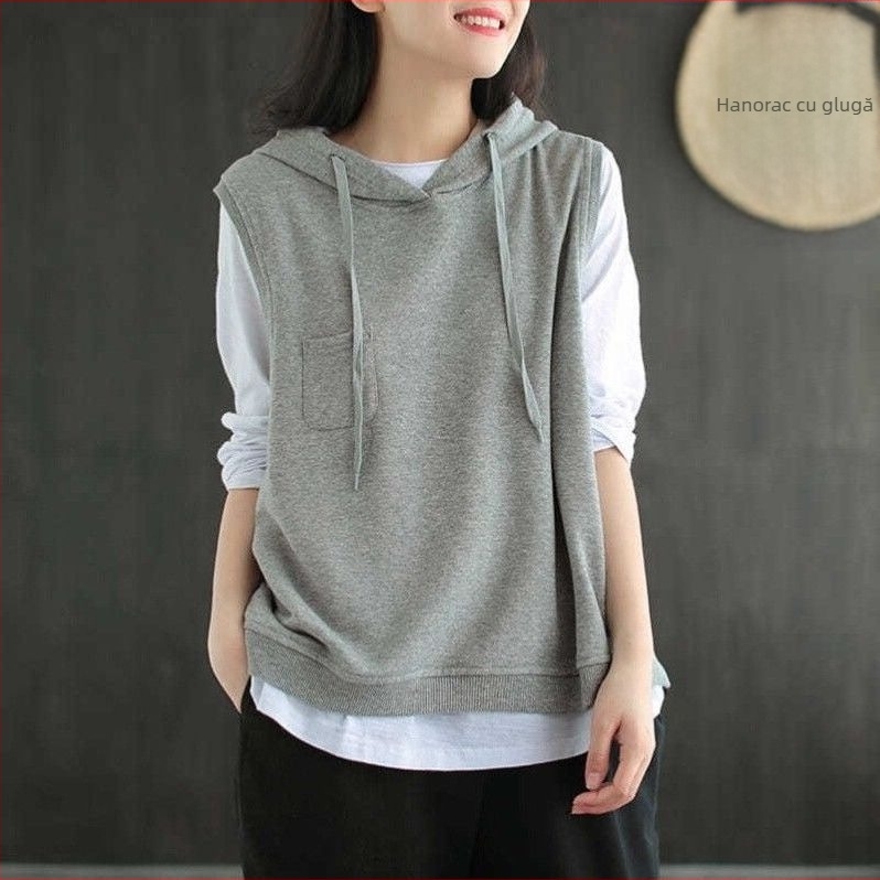 Vestă din bumbac cu glugă pentru femei, croială lejeră, fără mâneci, stil pulover, amestec bumbac-elastan