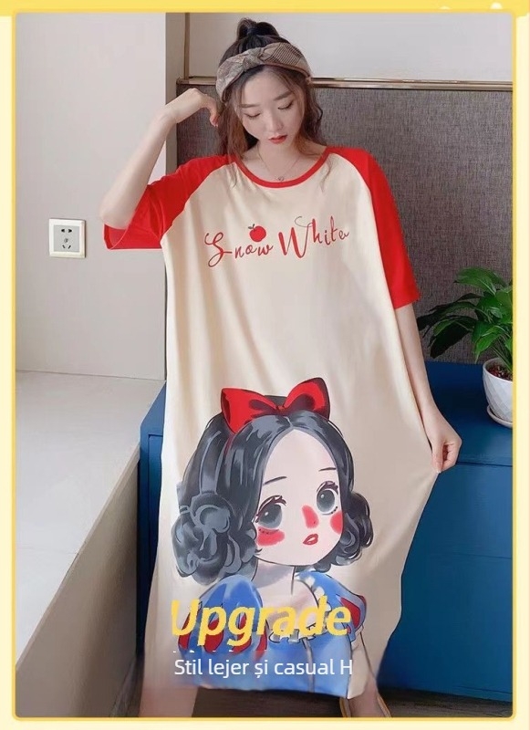 Rochie de noapte din Milk Silk pentru femei — croială lejeră, stil drăguț de desen animat, lungime până la genunchi, guler rotund, mâneci 3/4