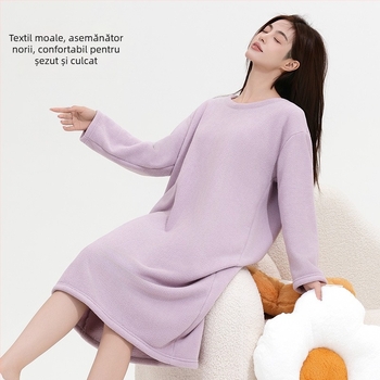 Rochie de noapte Half Velvet pentru femei, pijamă moale și confortabilă pentru toamnă-iarna, croială lejeră, guler rotund, mâneci lungi, lungă, poate fi purtată și în exterior