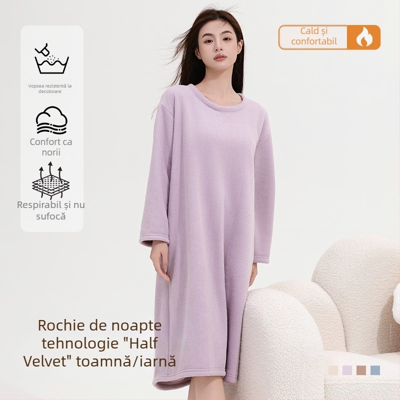 Rochie de noapte Half Velvet pentru femei, pijamă moale și confortabilă pentru toamnă-iarna, croială lejeră, guler rotund, mâneci lungi, lungă, poate fi purtată și în exterior